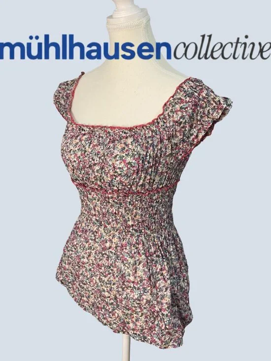 Blue Crush Floral Smocked Babydoll Top Size Small Cottagecore - Picture 3 of 4